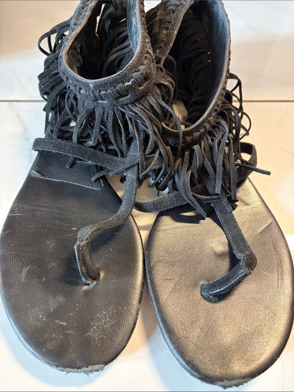 Diane Von Furstenberg Black Suede Fringe T-Strap Sandals